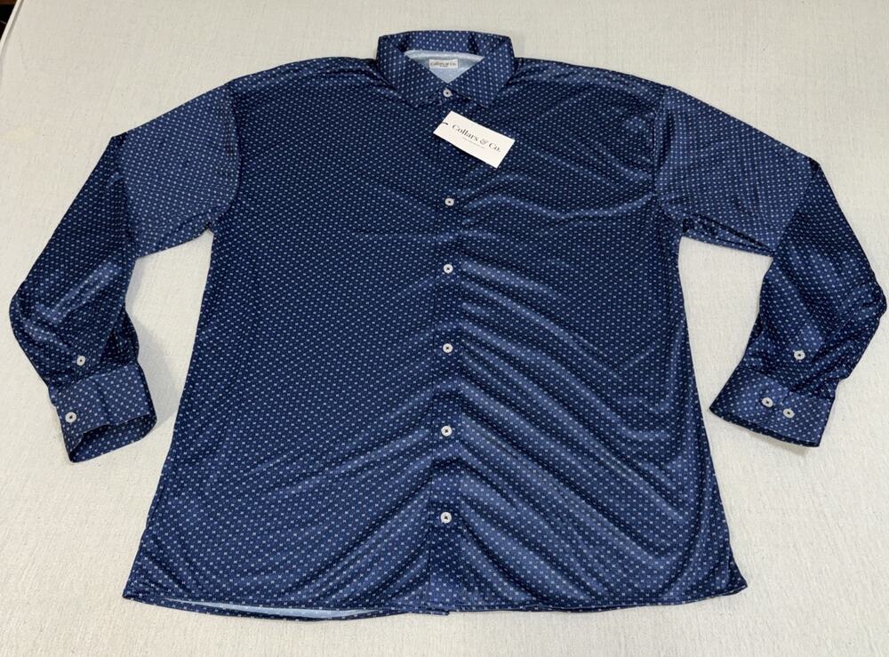 Collars & Co Men 2XL Blue Geometric AOP Long Sleeve Button Up Dress Shirt NWT